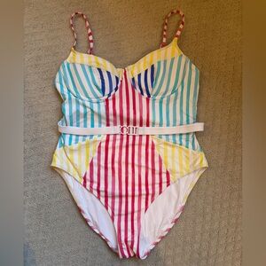 SOLID & STRIPED Yellow, Pink, Red, Blue and White Striped Swimsuit with Belt